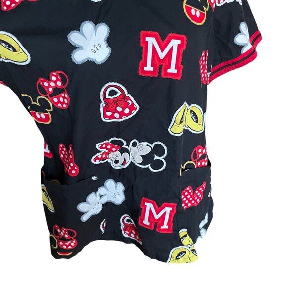 Disney Minnie Mouse Womens Scrub Top L Black Red Cartoon Print Cotton Blend V-Ne - Picture 4 of 5